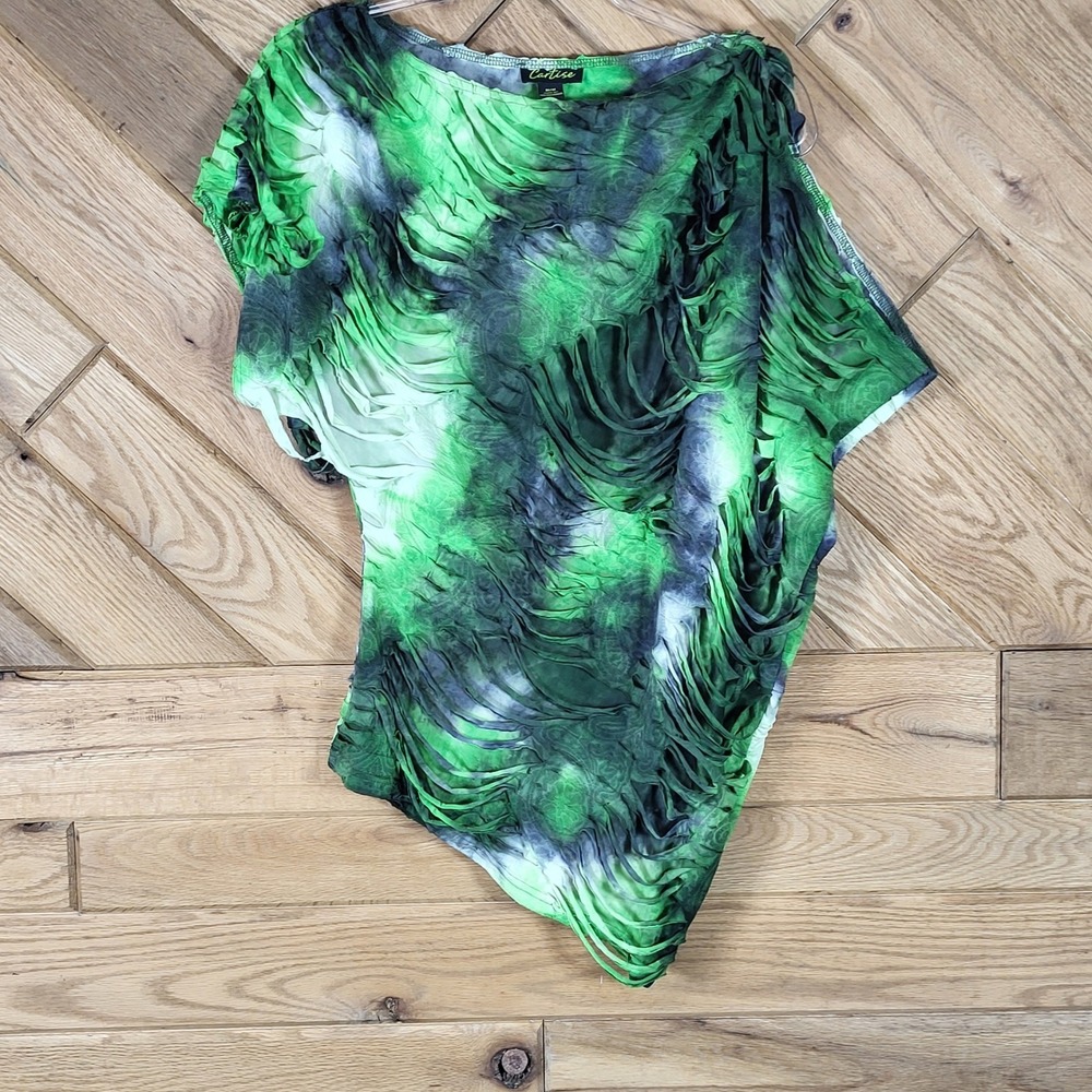 Cartise Top Women M Shredded Distressed Cut Tie Dye Asymmetrical Green